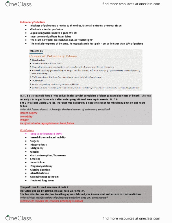 NURS 334 Lecture Notes - Lecture 8: Deep Vein Thrombosis, Fat Embolism, Atrial Fibrillation thumbnail