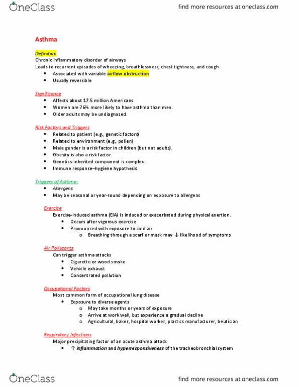 NURS 334 Lecture Notes - Lecture 7: Occupational Lung Disease, Asthma, Wheeze thumbnail