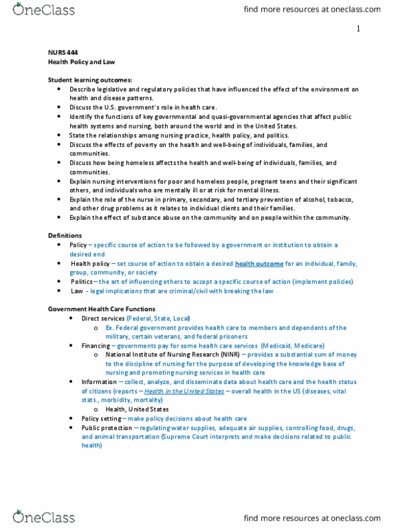 NURS 444 Lecture Notes - Lecture 6: Health Policy, Substance Abuse, Health Promotion thumbnail