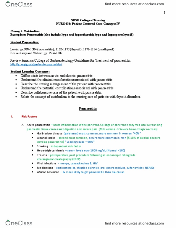 NURS 434 Lecture Notes - Lecture 10: Endoscopic Retrograde Cholangiopancreatography, Acute Pancreatitis, Chronic Pancreatitis thumbnail