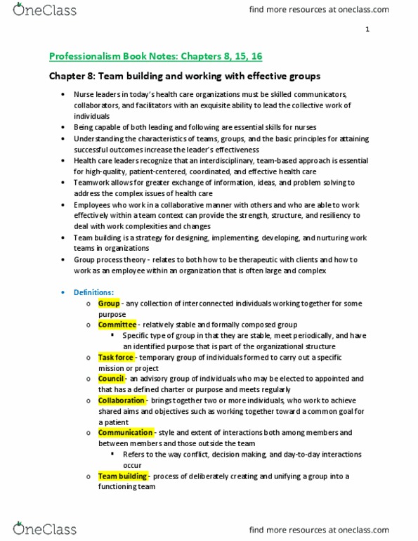 NURS 472 Lecture Notes - Lecture 4: Team Building, Group Decision-Making, Common Purpose thumbnail