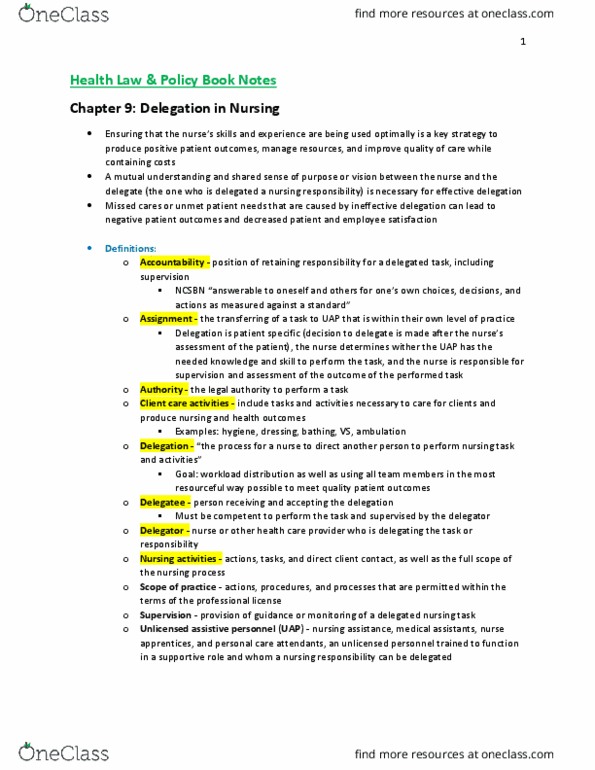 NURS 472 Lecture Notes - Lecture 6: Unlicensed Assistive Personnel, Nursing Process, Patient Safety thumbnail