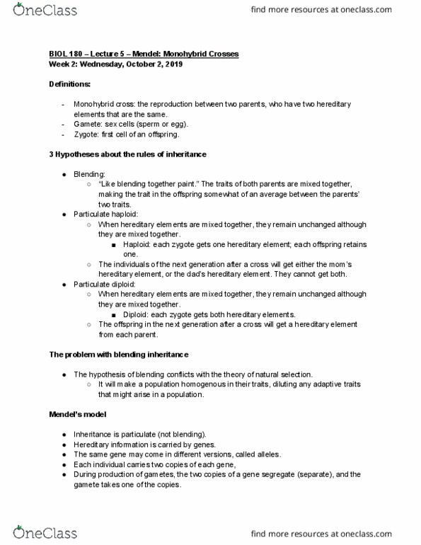 BIOL 180 Lecture Notes - Lecture 6: Blending Inheritance, Gamete cover image