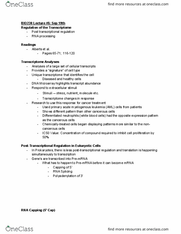 BIO230H1 Lecture Notes - Lecture 5: Acute Myeloid Leukemia, Rna Splicing, Dna Microarray thumbnail