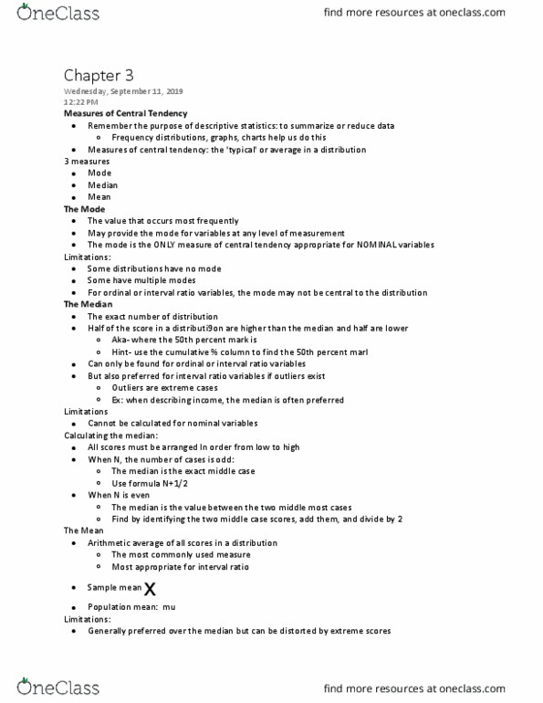 SOC 326 Chapter Notes - Chapter 3: Interval Ratio, Central Tendency, Descriptive Statistics thumbnail