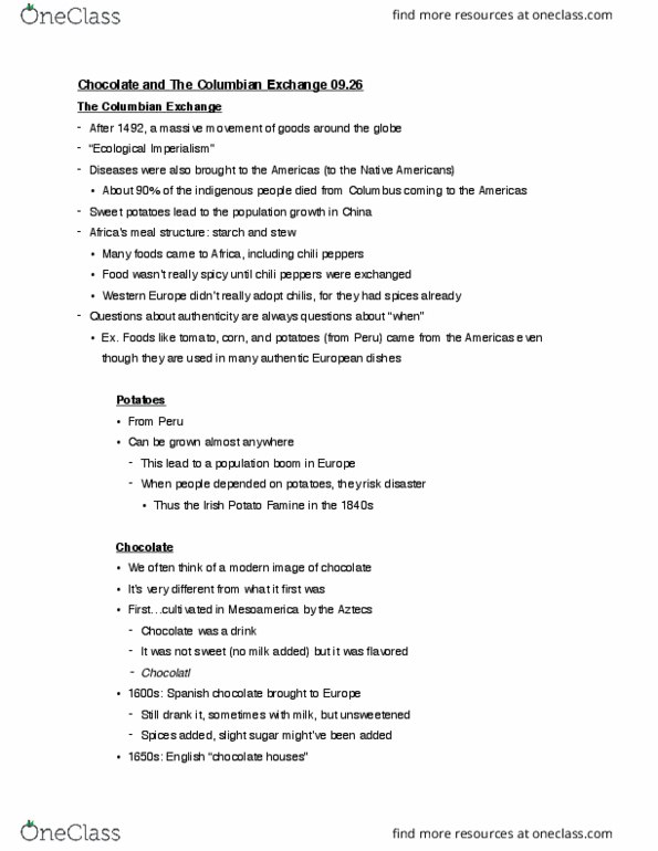 HST 220 Lecture Notes - Lecture 9: The Columbian Exchange, Starch, Shelf-Stable Food thumbnail