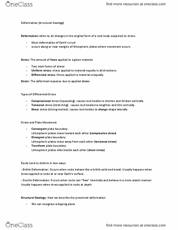 Earth Sciences 1022A/B Lecture Notes - Lecture 9: Differential Stress, Compressive Stress thumbnail