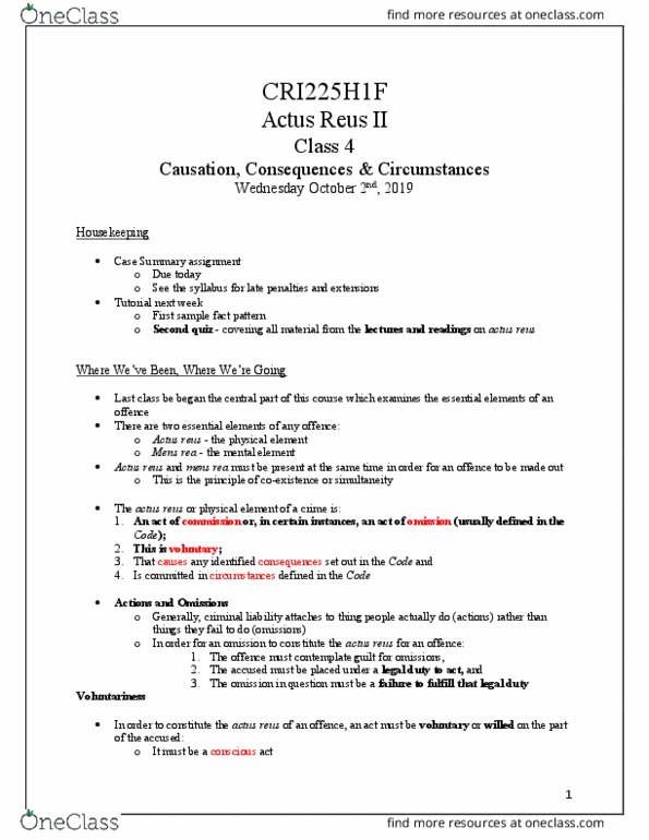 CRI225H1 Lecture Notes - Lecture 4: Actus Reus, Mens Rea, The Offence thumbnail