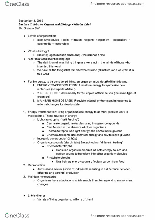 BIOL 111 Lecture Notes - Lecture 1: Energy Transformation, Heterotroph, Homeostasis thumbnail