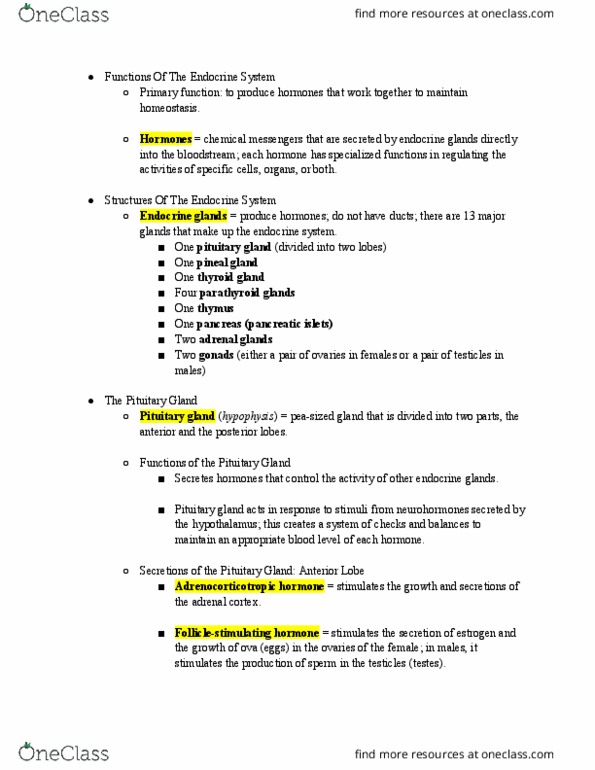 EHS 115 Lecture Notes - Lecture 13: Parathyroid Gland, Adrenocorticotropic Hormone, Thyroid thumbnail