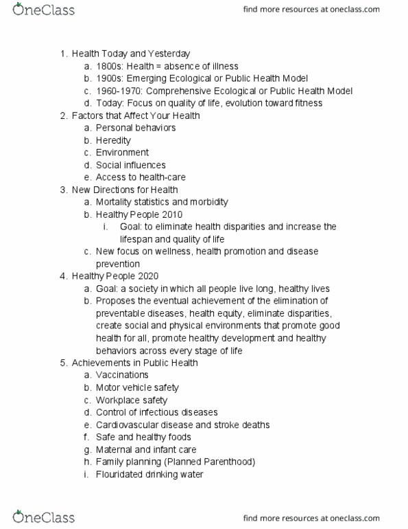 HLTH 101 Lecture Notes - Lecture 1: Healthy People Program, Planned Parenthood, Cardiovascular Disease thumbnail