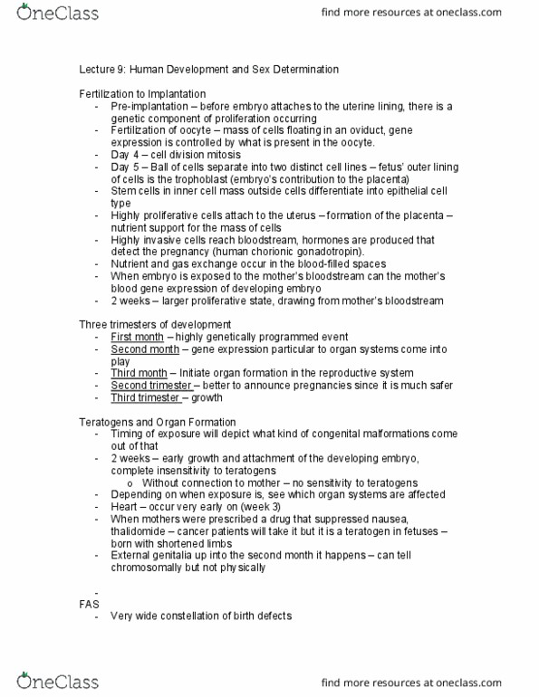 HLSC 3463U Lecture Notes - Lecture 9: Human Chorionic Gonadotropin, Congenital Disorder, Teratology thumbnail