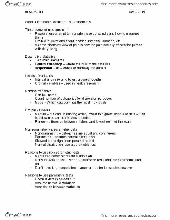 HLSC 3910U Lecture Notes - Lecture 4: Parametric Statistics, Normal Distribution, Descriptive Statistics thumbnail