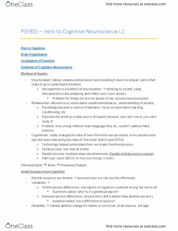 PSYB55H3 Lecture Notes - Lecture 1: Connectionism, Cognitive Psychology, Behaviorism thumbnail