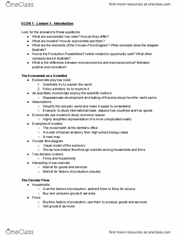 ECON 1 Lecture Notes - Lecture 1: Scientific Method, Microeconomics, Opportunity Cost thumbnail