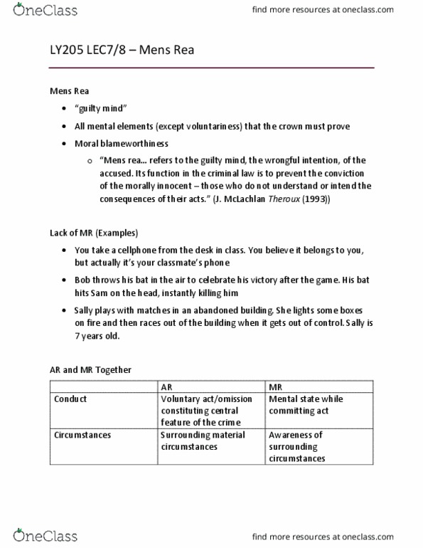 LY205 Lecture Notes - Lecture 7: Mens Rea, Hunting Trip, Murder thumbnail