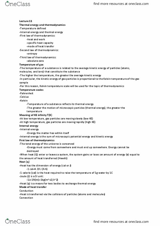 PSC 133 Lecture Notes - Lecture 11: Kelvin, Heat Capacity, Internal Energy thumbnail