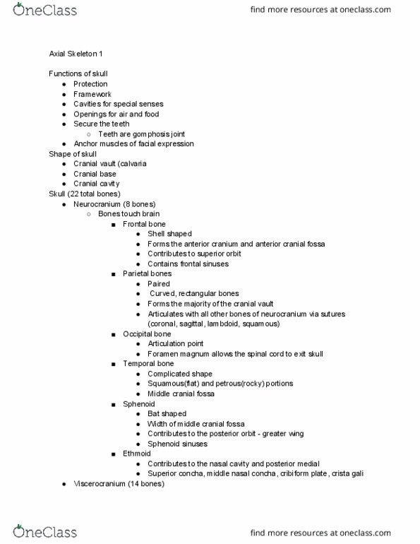 KAAP309 Lecture Notes - Lecture 6: Middle Cranial Fossa, Anterior Cranial Fossa, Nasal Concha thumbnail