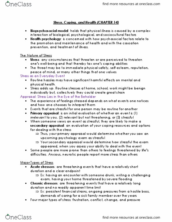 PSY100Y5 Chapter Notes - Chapter 14: Biopsychosocial Model, Health Psychology, Type A And Type B Personality Theory thumbnail