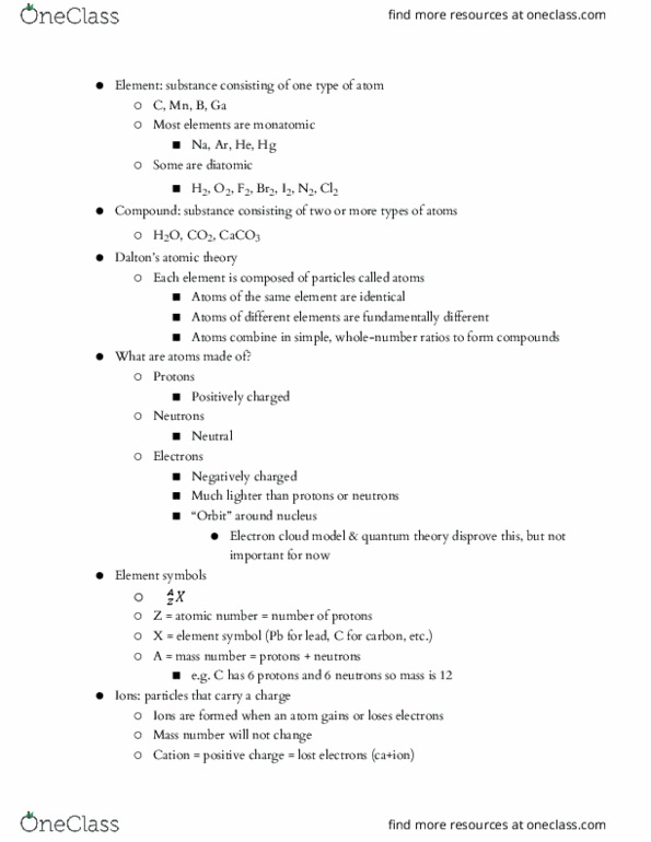 CHEM 1A Lecture Notes - Lecture 2: Atomic Orbital, Mass Number, Atomic Number thumbnail