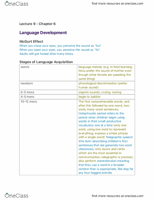 PSYCH 140 Lecture Notes - Lecture 9: Babbling, Oneword, Fetus thumbnail