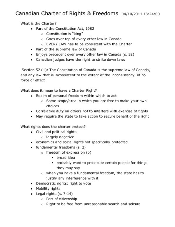 Law 2101 Lecture Notes on Charter of Rights and Freedoms OneClass