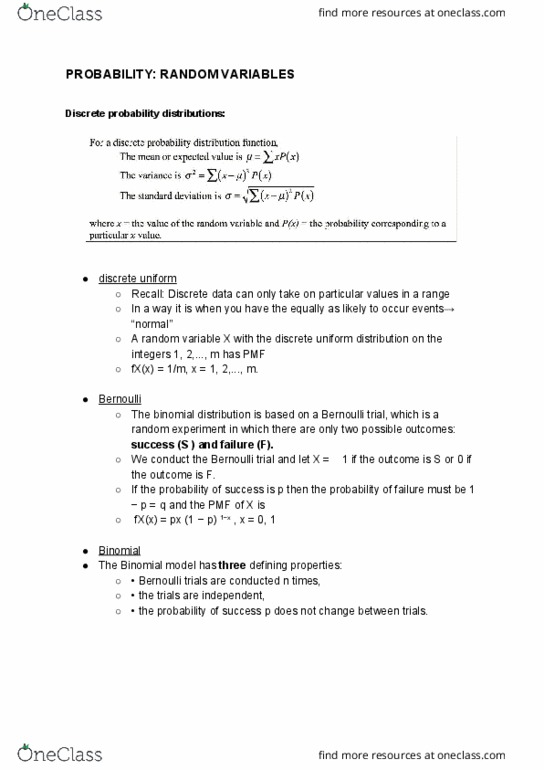 STA220H1 Lecture Notes - Lecture 4: Discrete Uniform Distribution, Bernoulli Trial, Random Variable cover image