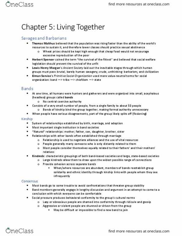 ANTH 2302 Chapter Notes - Chapter 5: Thomas Robert Malthus, Ancient Society, Sleep Deprivation thumbnail