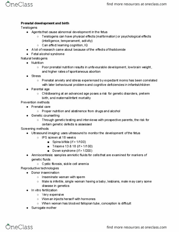 PSY 2105 Lecture Notes - Lecture 4: Fetal Alcohol Spectrum Disorder, Spina Bifida, In Vitro Fertilisation thumbnail
