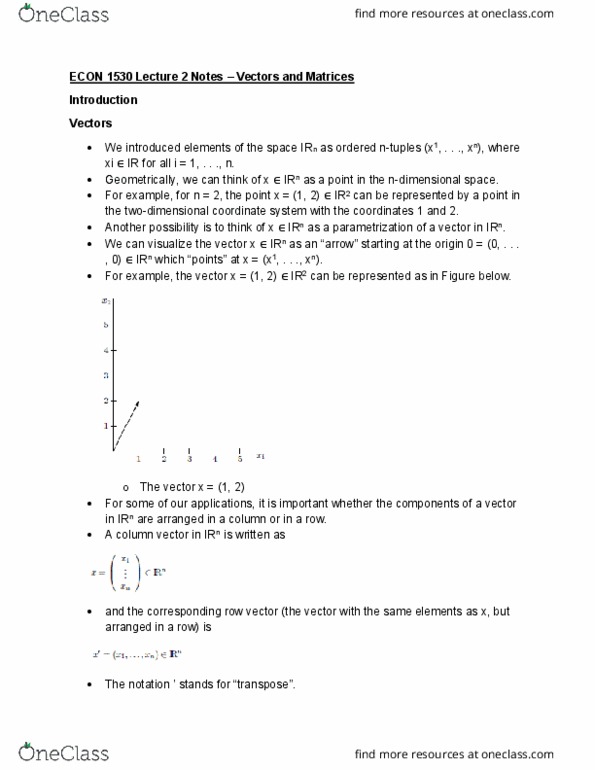 ECON 1530 Lecture Notes - Lecture 2: Row And Column Vectors, Scalar Multiplication, Euclidean Vector cover image