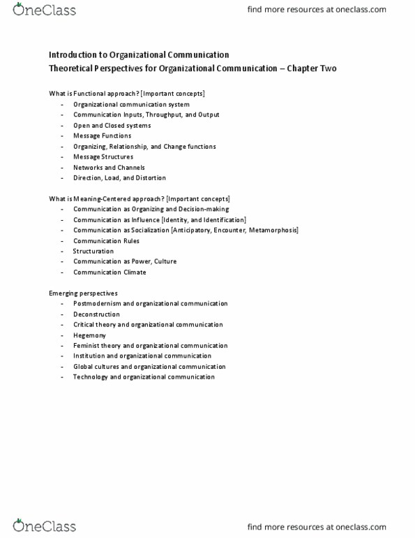 CMN 2148 Lecture Notes - Lecture 2: Organizational Communication, Feminist Theory, Structuration Theory thumbnail