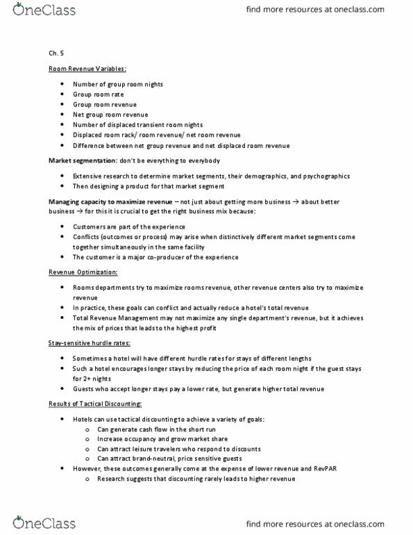 HM 441 Chapter Notes - Chapter 5: Revpar, Psychographic, Cash Flow thumbnail