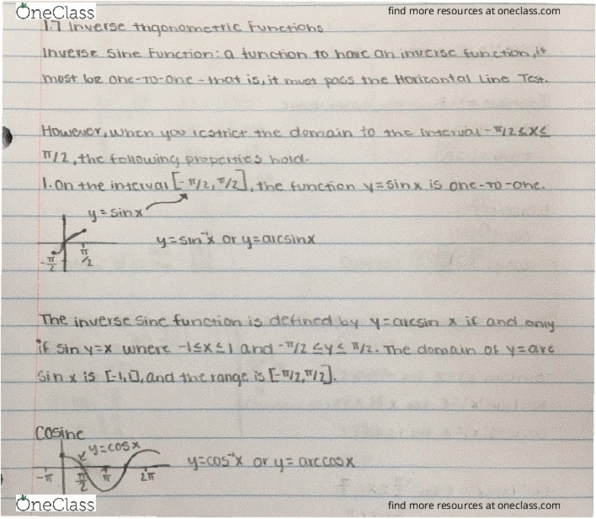 MATH 1123 Lecture 1: 1.7 Inverse Trigonometric Functions thumbnail