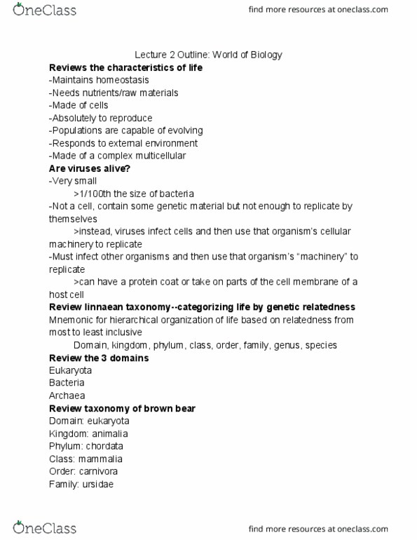 BIOL 100 Lecture Notes - Lecture 3: Eukaryote, Bear, Carnivora thumbnail