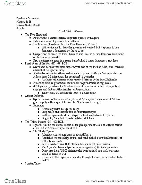 HISTORY 36B Lecture Notes - Lecture 27: Harmost, Hoplite, Long Walls thumbnail