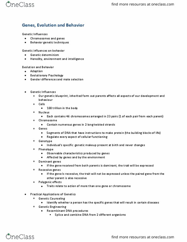 Psychology 1000 Lecture Notes - Lecture 11: Recombinant Dna, Genetic Counseling, Biological Determinism cover image