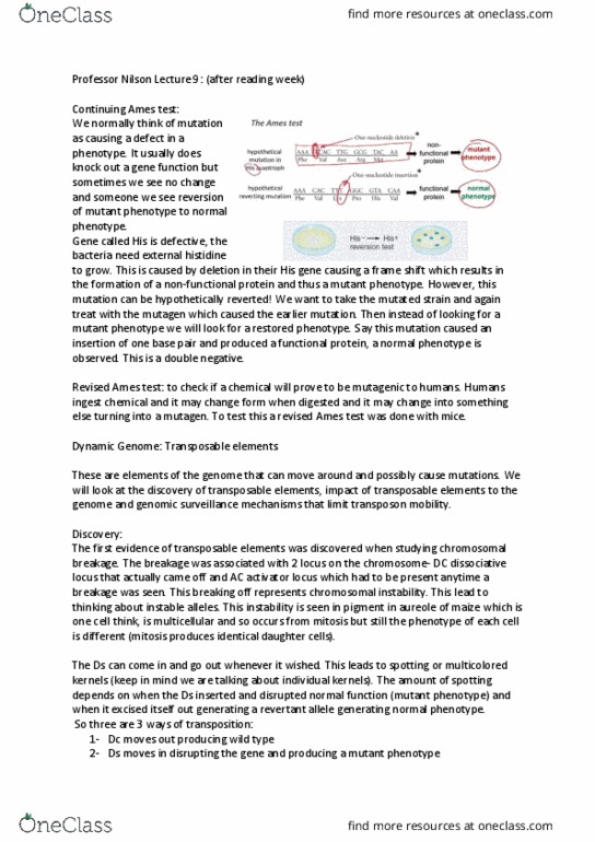 BIOL 202 Lecture Notes - Lecture 9: Transposable Element, Ames Test, Aureola thumbnail