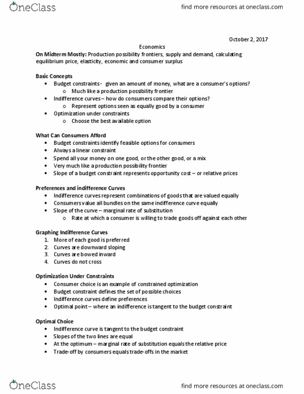 EC120 Lecture Notes - Lecture 7: Budget Constraint, Indifference Curve, Economic Surplus thumbnail