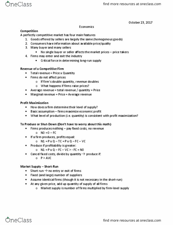 EC120 Lecture Notes - Lecture 10: Profit Maximization, Marginal Revenue, Perfect Competition thumbnail