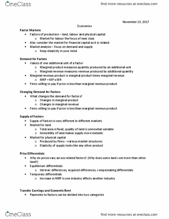 EC120 Lecture Notes - Lecture 15: Marginal Revenue Productivity Theory Of Wages, Marginal Revenue, Marginal Product thumbnail