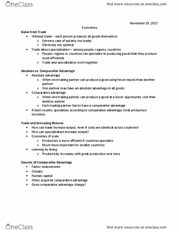 EC120 Lecture Notes - Lecture 20: Absolute Advantage, Comparative Advantage, Autarky thumbnail