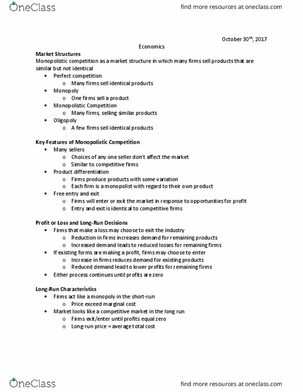 EC120 Lecture Notes - Lecture 12: Monopolistic Competition, Perfect Competition, Product Differentiation thumbnail