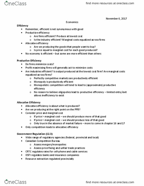 EC120 Lecture Notes - Lecture 14: Productive Efficiency, Allocative Efficiency, Monopolistic Competition thumbnail