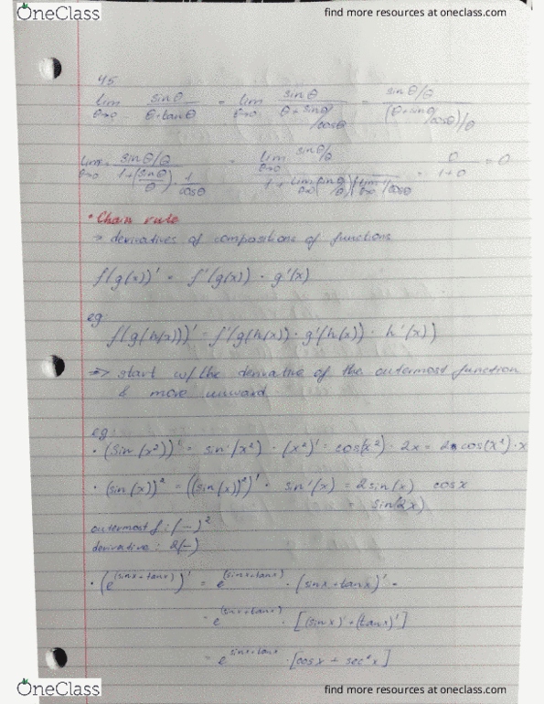Calculus 1000A/B Lecture Notes - Lecture 9: Chain Rule cover image
