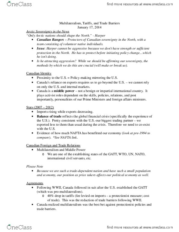 Political Science 2211E Lecture Notes - Multilateralism, World Trade Organization thumbnail