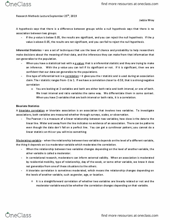 PSY 141 Lecture Notes - Lecture 5: Null Hypothesis, Statistical Hypothesis Testing, Dependent And Independent Variables thumbnail