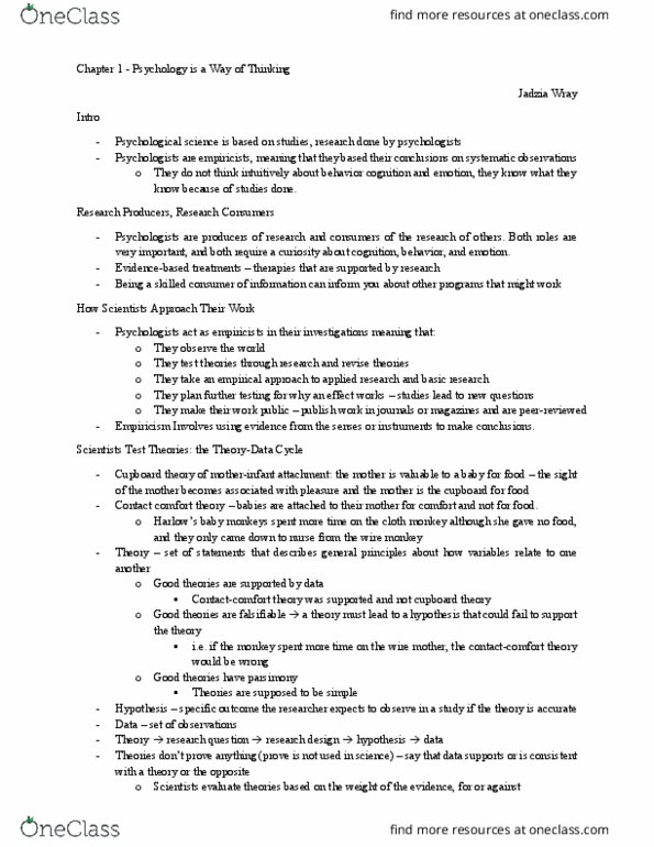 PSY 141 Lecture Notes - Lecture 1: Data Set, Falsifiability thumbnail