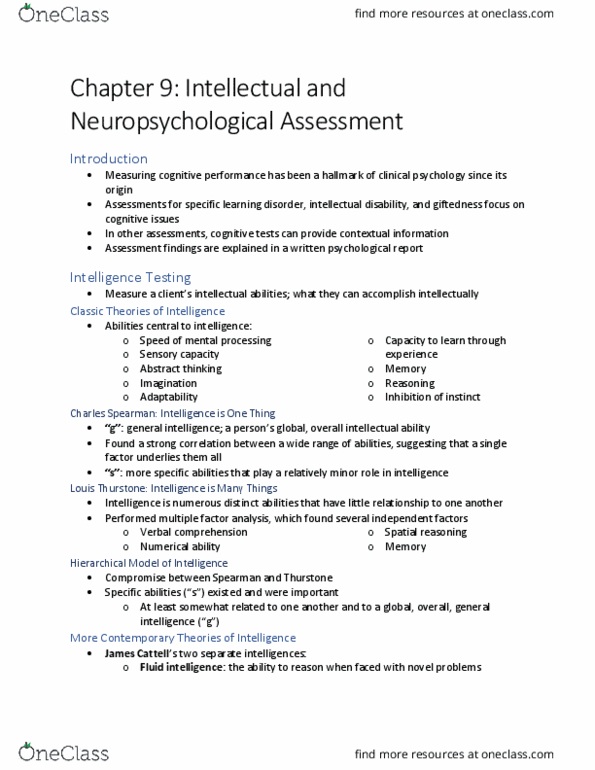 PSYC 3339 Chapter Notes - Chapter 9: Louis Leon Thurstone, Intellectual Disability, Hierarchical Database Model thumbnail