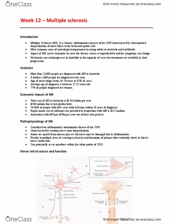 EHR525 Lecture Notes - Lecture 12: Multiple Sclerosis, Demyelinating Disease, Spinal Cord thumbnail