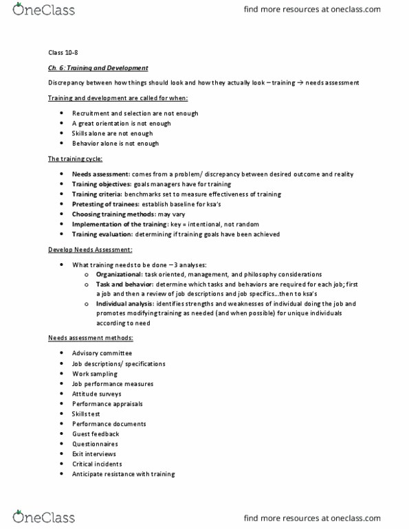HM 422 Lecture Notes - Lecture 12: Needs Assessment, Work Sampling, Job Performance thumbnail